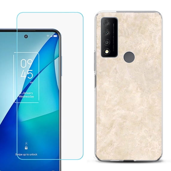 Slim-Fit Gel TPU Phone Case for TCL 4X 5G, with Tempered Glass Screen Protector, by OneToughShield ® - Marble / Latte