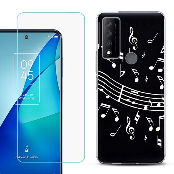 Slim-Fit Gel TPU Phone Case for TCL 4X 5G, with Tempered Glass Screen Protector, by OneToughShield ® - Music Notes / Black