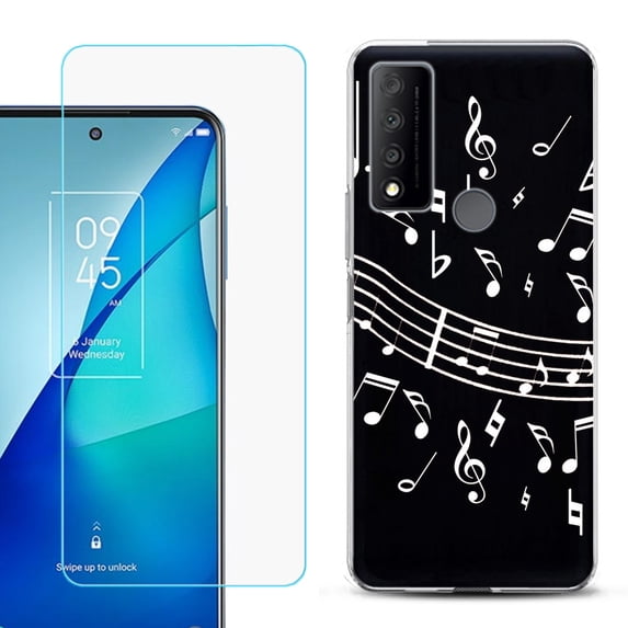 Slim-Fit Gel TPU Phone Case for TCL 4X 5G, with Tempered Glass Screen Protector, by OneToughShield ® - Music Notes / Black