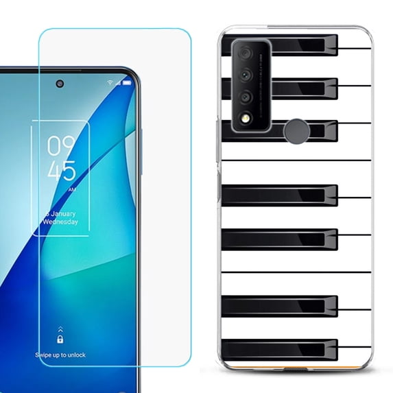 Slim-Fit Gel TPU Phone Case for TCL 4X 5G, with Tempered Glass Screen Protector, by OneToughShield ® - Piano Design
