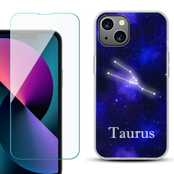 Slim-Fit Gel TPU Phone Case for iPhone 13 Mini, with Tempered Glass Screen Protector, by OneToughShield  - Zodiac / Taurus
