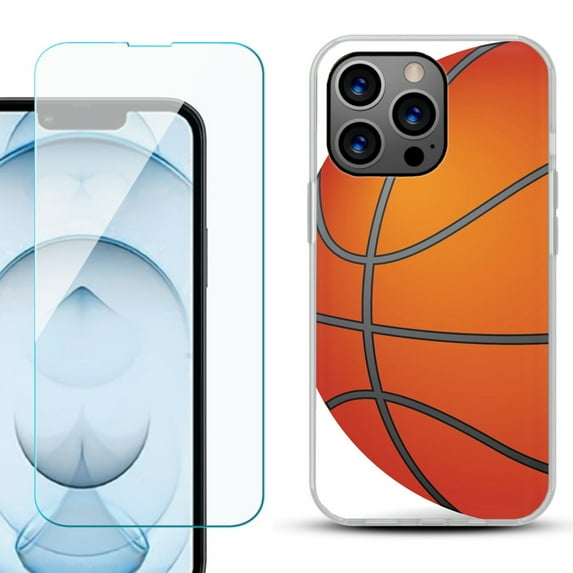 Slim-Fit Gel TPU Phone Case for iPhone 13 Pro Max, with Tempered Glass Screen Protector, by OneToughShield ® - Basketball