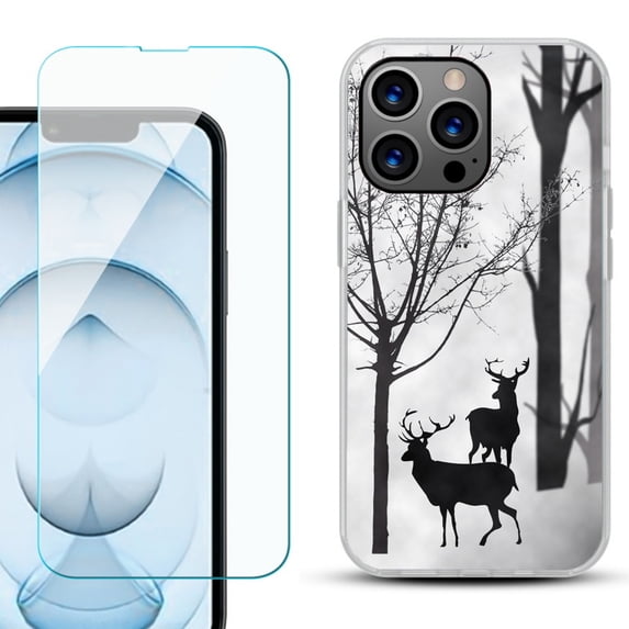 Slim-Fit Gel TPU Phone Case for iPhone 13 Pro Max, with Tempered Glass Screen Protector, by OneToughShield ® - Forest Deer