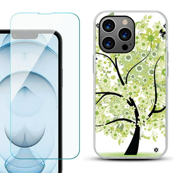 Slim-Fit Gel TPU Phone Case for iPhone 13 Pro Max, with Tempered Glass Screen Protector, by OneToughShield ® - Green Tree