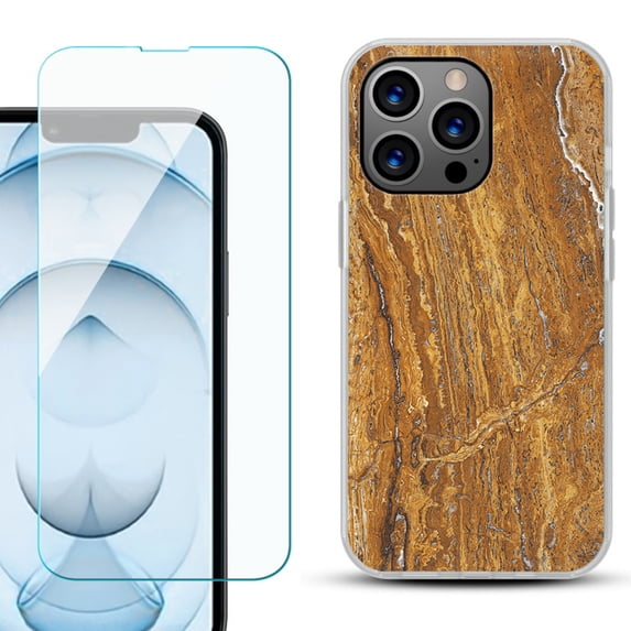 Slim-Fit Gel TPU Phone Case for iPhone 13 Pro Max, with Tempered Glass Screen Protector, by OneToughShield ® - Marble / Earth