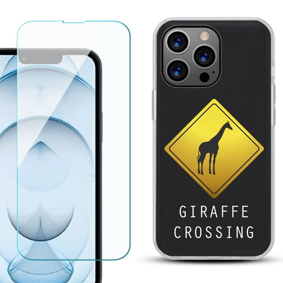 Slim-Fit Gel TPU Phone Case for iPhone 13 Pro Max, with Tempered Glass Screen Protector, by OneToughShield ® - Road Sign Giraffe