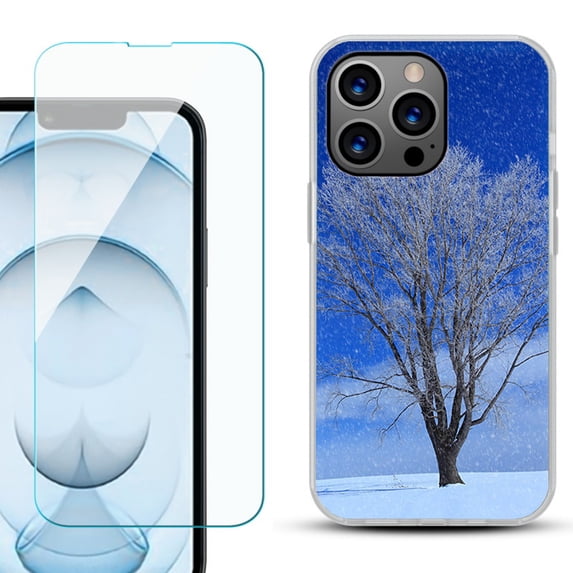 Slim-Fit Gel TPU Phone Case for iPhone 13 Pro Max, with Tempered Glass Screen Protector, by OneToughShield ® - Snowing Tree