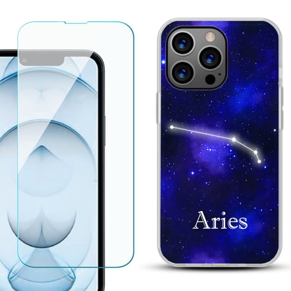 Slim-Fit Gel TPU Phone Case for iPhone 13 Pro Max, with Tempered Glass Screen Protector, by OneToughShield - Zodiac / Aries