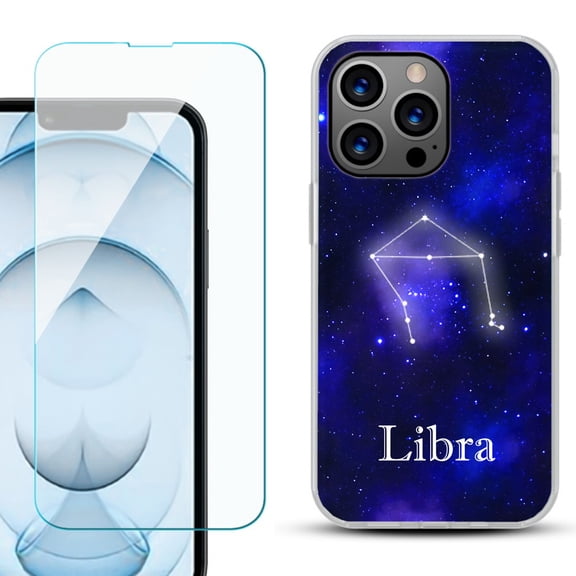 Slim-Fit Gel TPU Phone Case for iPhone 13 Pro Max, with Tempered Glass Screen Protector, by OneToughShield - Zodiac / Libra