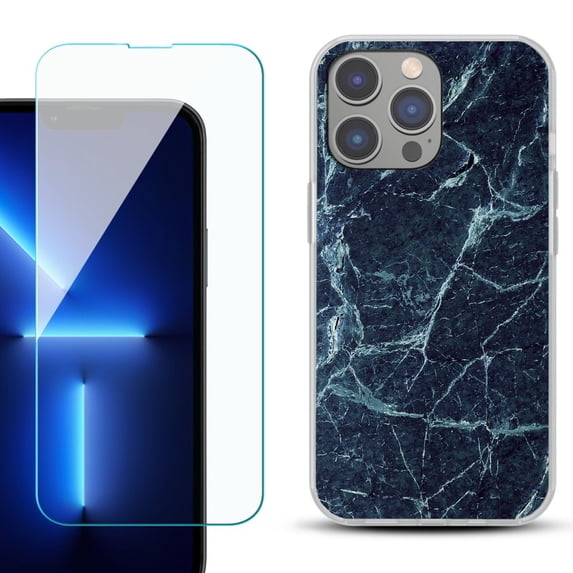 Slim-Fit Gel TPU Phone Case for iPhone 14 Pro Max, with Tempered Glass Screen Protector, by OneToughShield ® - Marble / Blue