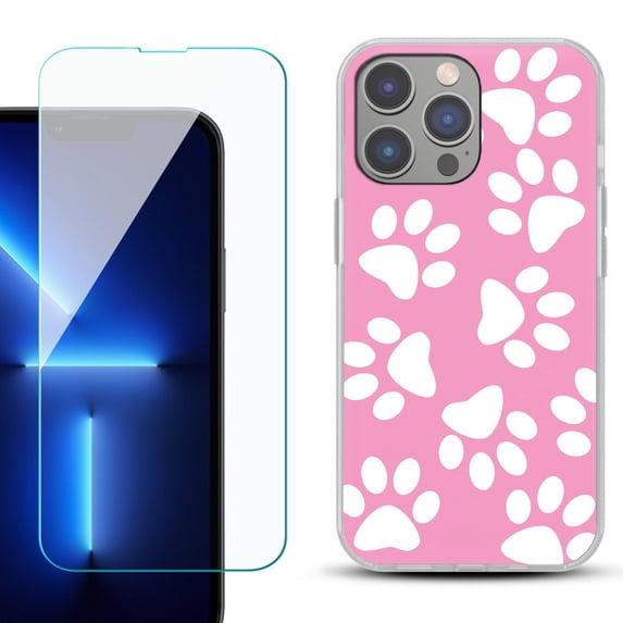 Slim-Fit Gel TPU Phone Case for iPhone 14 Pro Max, with Tempered Glass Screen Protector, by OneToughShield ® - Pet Paw/ Pink