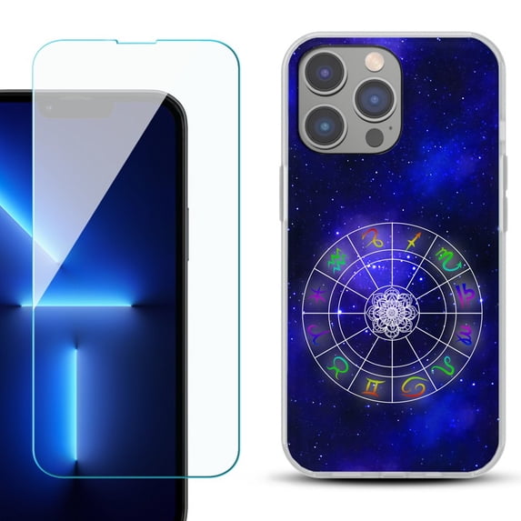 Slim-Fit Gel TPU Phone Case for iPhone 14 Pro Max, with Tempered Glass Screen Protector, by OneToughShield ® - Zodiac / Horoscope