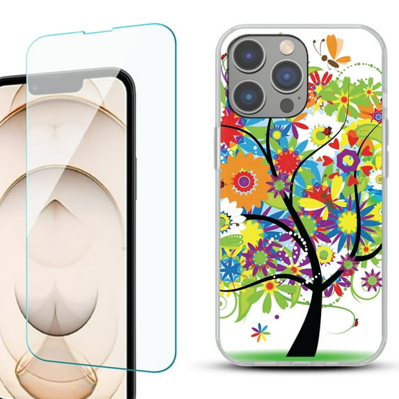 Slim-Fit Gel TPU Phone Case for iPhone 14 Pro, with Tempered Glass Screen Protector, by OneToughShield ® - Colorful Tree