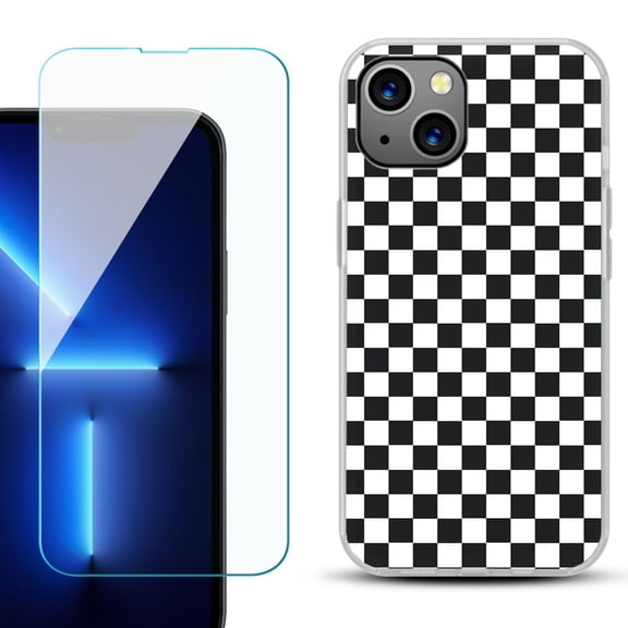 Slim-Fit Gel TPU Phone Case for iPhone 14, with Tempered Glass Screen Protector, by OneToughShield ® - Checker B/W