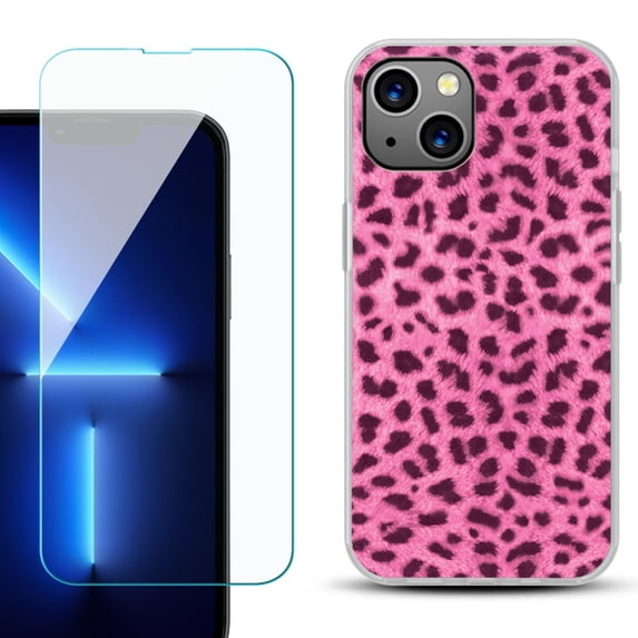 Slim-Fit Gel TPU Phone Case for iPhone 14, with Tempered Glass Screen Protector, by OneToughShield ® - Cheetah Pink