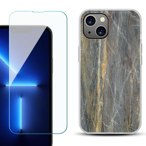 Slim-Fit Gel TPU Phone Case for iPhone 14, with Tempered Glass Screen Protector, by OneToughShield ® - Marble/Camo