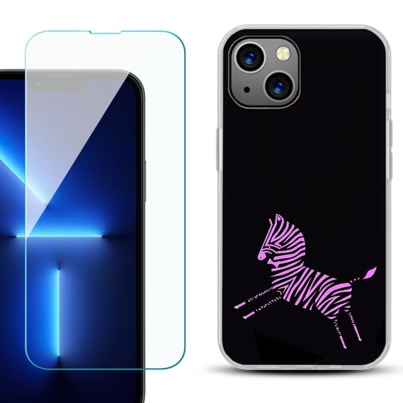Slim-Fit Gel TPU Phone Case for iPhone 14, with Tempered Glass Screen Protector, by OneToughShield ® - Zebra Running