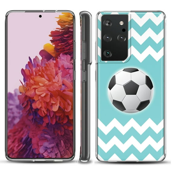 Slim-Fit Lightweight Protective Phone Case compatible with Samsung Galaxy S21 ULTRA 5G, by OneToughShield ® - Chevron/Teal/Soccer