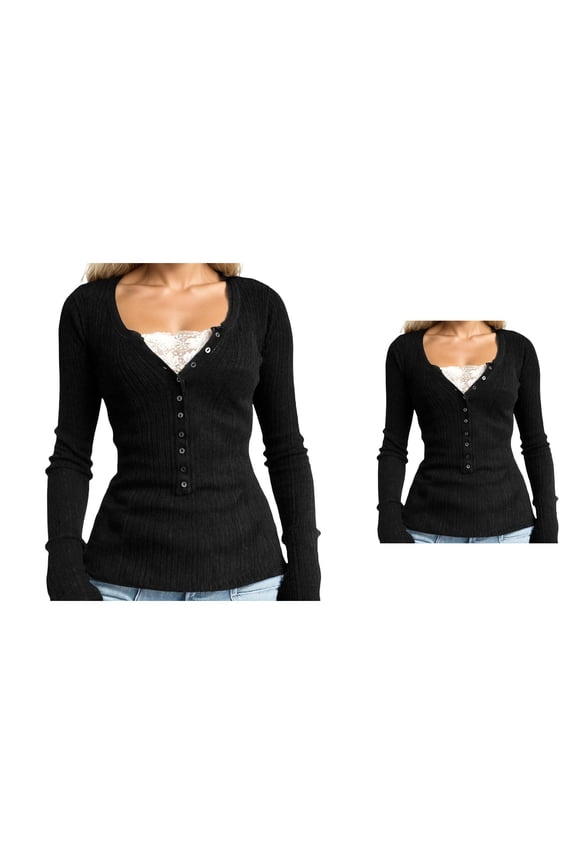 Slim Fit Long Sleeve Knit Top with Button-Down Collar, V-Neck Lace Trim Bow Frill Pullover – Y2K Vintage Fairycore Harajuku Retro Casual Basic Tee