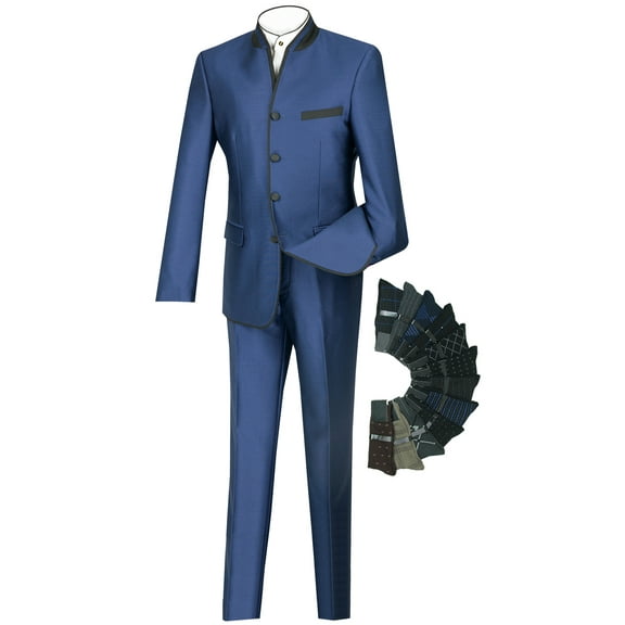 Slim Fit Mandarin Banded Collar Nehru Trimmed Suit w/1 Pair Socks - Blue 36R