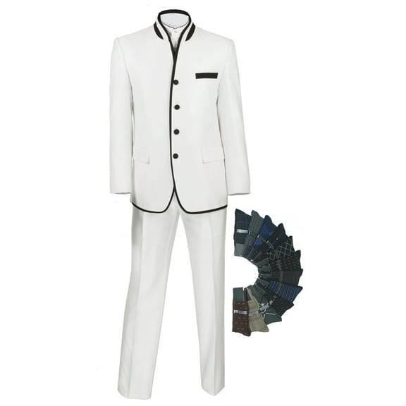Slim Fit Mandarin Banded Collar Nehru Trimmed Suit w/1 Pair Socks - White 38S
