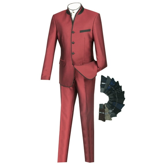 Slim Fit Mandarin Banded Collar Nehru Trimmed Suit w/1 Pair Socks - Wine 36R