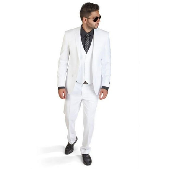 Slim Fit Men 3 Piece Notch Lapel Vested White Suit With Back Welt Pockets - Dress Suit For Men