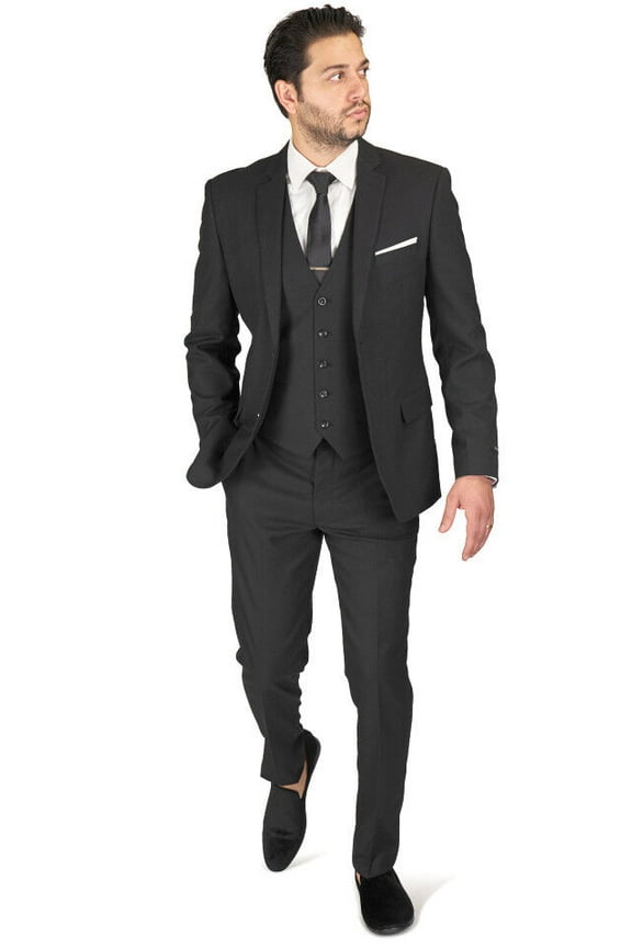 Slim Fit Men Suit Micro Textured Weave 2 Button Notch Collar AZAR 11812 (36 Regular 30 Waist 32 Length, Black 3 Piece Vested)