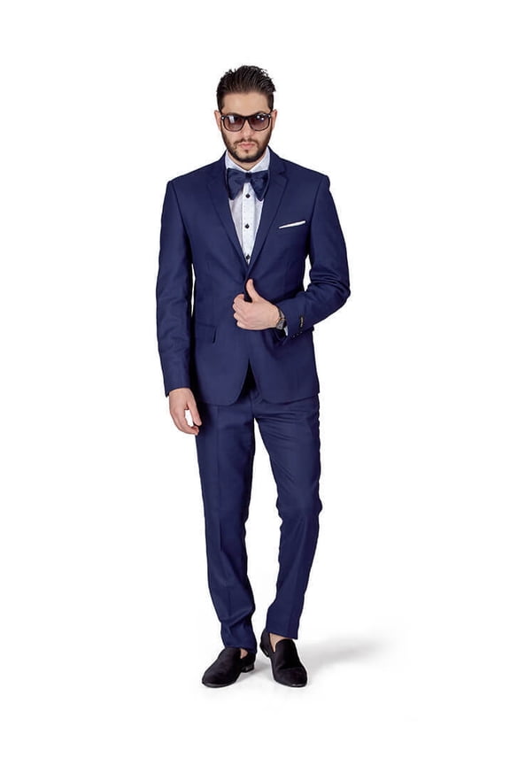 Slim Fit Men Suit Micro Textured Weave 2 Button Notch Collar AZAR 11812 (36 Short 30 Waist 30 Length, Navy Blue)
