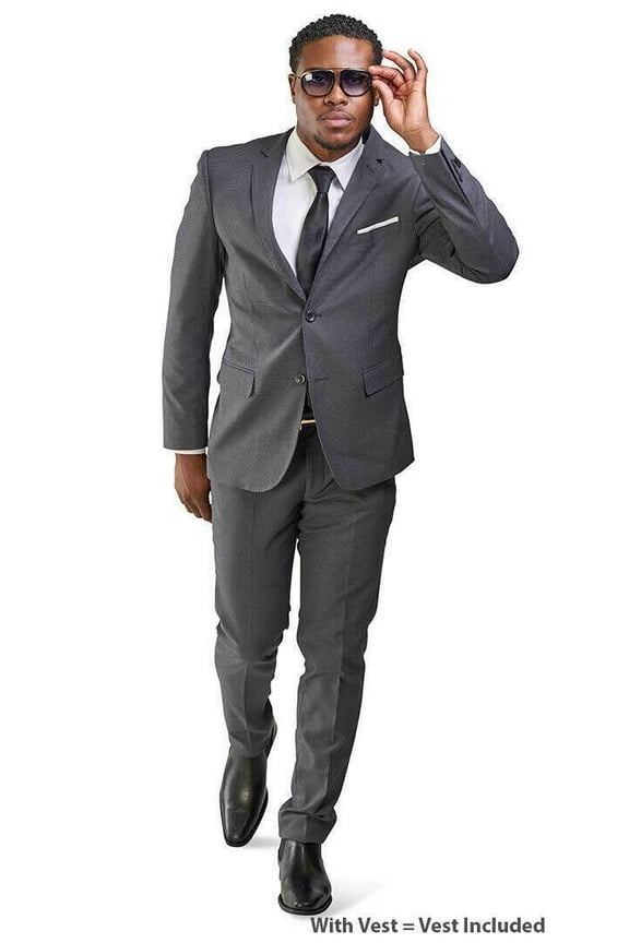 Slim Fit Men Suit Micro Textured Weave 2 Button Notch Collar AZAR 11812 (42 Regular Charcoal 3 Piece Vested)