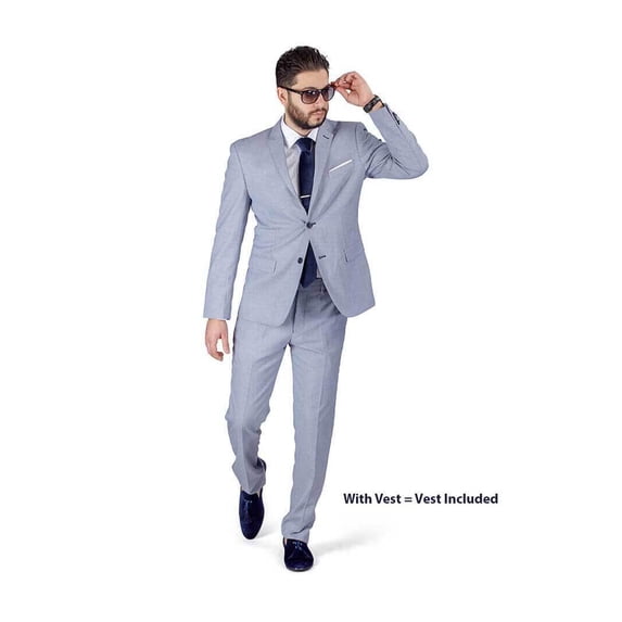 Slim Fit Men Suit Micro Textured Weave 2 Button Notch Collar AZAR 11812 (44 Regular Stone Silver Blue 3 Piece Vested)