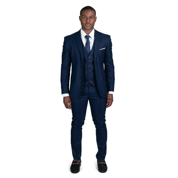 Slim Fit Men Suit Micro Textured Weave 2 Button Notch Collar AZAR 11812 (46 Long Navy Blue 3 Piece Vested)