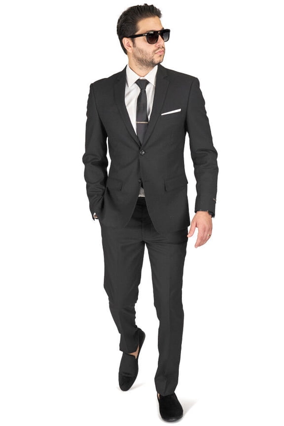 Slim Fit Men Suit Micro Textured Weave 2 Button Notch Collar AZAR 11812 (46 Short 39/40 Waist 30 Length, Black)
