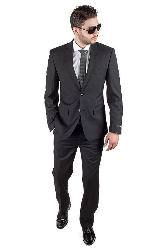 Slim Fit Men Suit Solid Black 2 Button Notch Lapel Flat Front Pants by Azar (38 Regular 32 Pants)