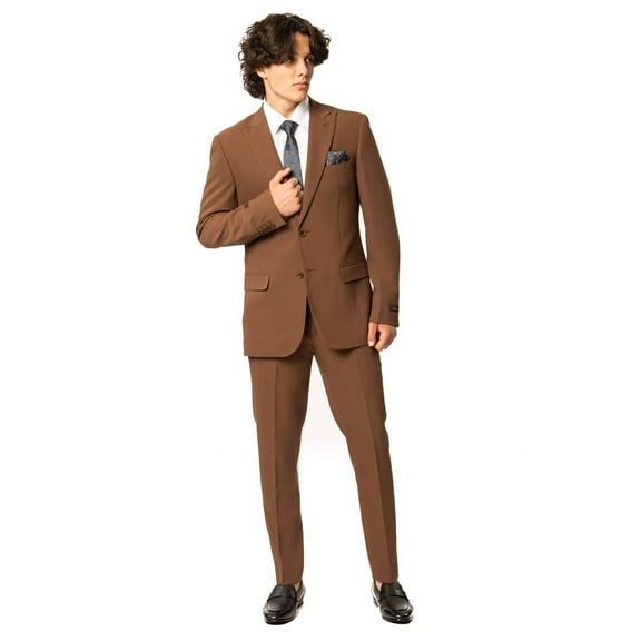 Slim Fit Men Suit Stretchy Spandex Peak Lapel 2 Button Flat Front Pants 9936 (US, Numeric, 46, Regular, Short, Dark Orange Rust)