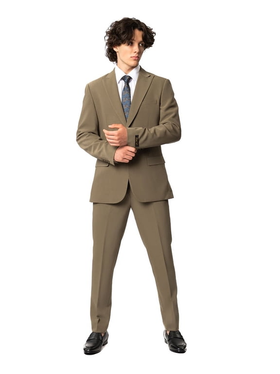 Slim Fit Men Suit Stretchy Spandex Peak Lapel 2 Button Flat Front Pants 9936 (US, Numeric, 48, Regular, Regular, Army Green)