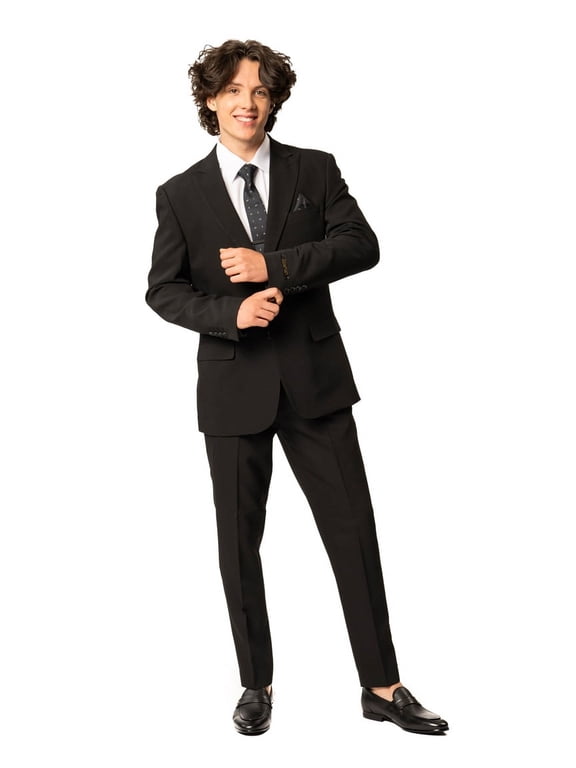 Slim Fit Men Suit Stretchy Spandex Peak Lapel 2 Button Flat Front Pants 9936 (US, Numeric, 50, Regular, Regular, Black)