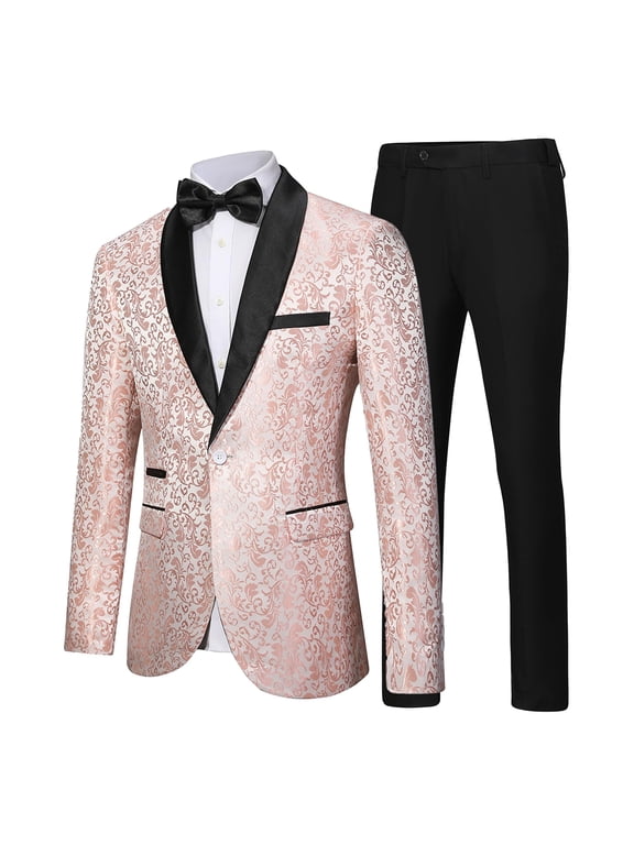 Slim-Fit Men's Paisley 2-Piece Suit Set - Tailored Jacket, Black Straight-Leg Trousers & Matching Black Bow Tie for Formal Occasions Evenings Weddings