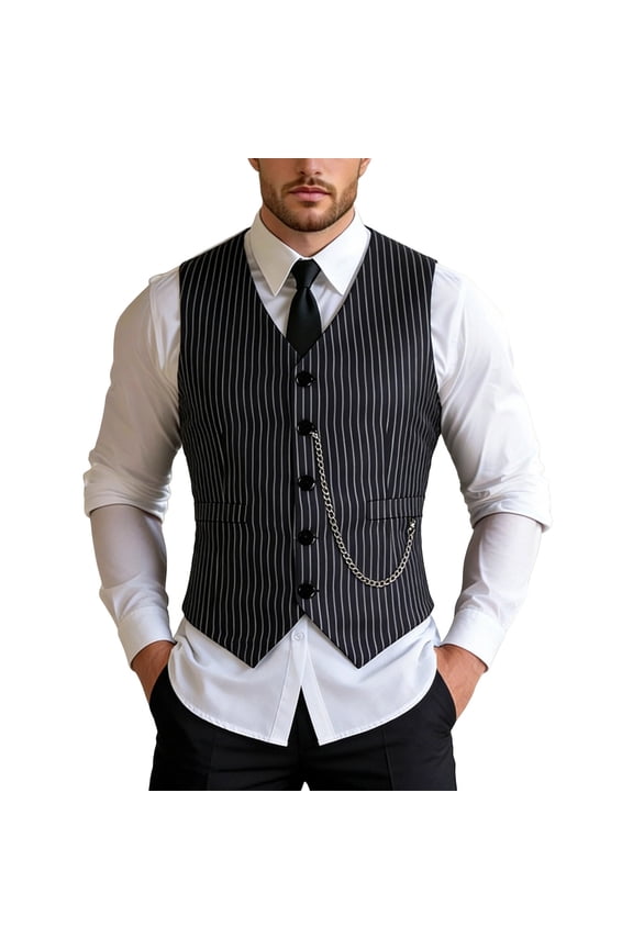 Slim Fit Men's Striped Suit Vest Single Waistcoat Elegant British Casual Business Jacket