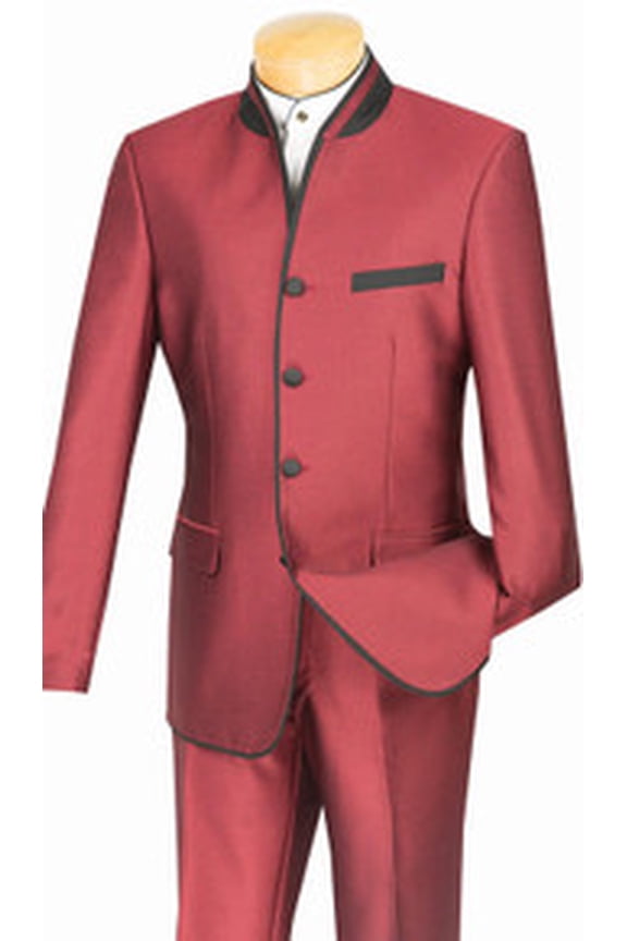 Slim-Fit Mens Burgundy Sharkskin Mandarin Collar Unique Fashion Vinci S4HT-1