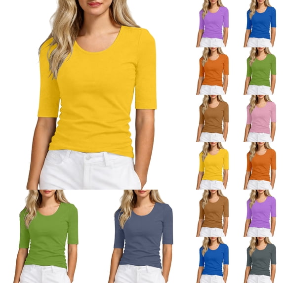 Slim Fit Mid Sleeve Crew Neck T Shirt for Women - Breathable Cotton Basic Tee for Casual Wear and Layering Solid Color Top
