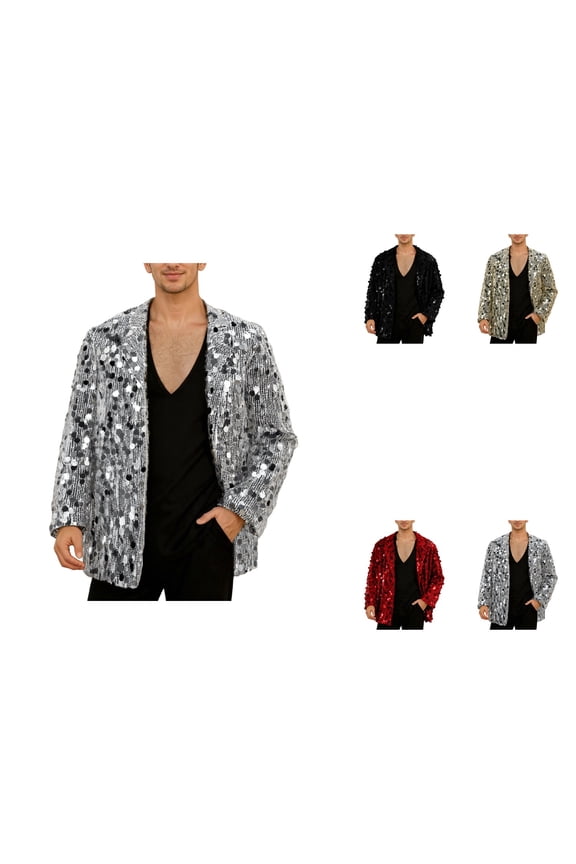 Slim Fit Notched Lapel Men's Sequins Jacket Coat, Black Formal Evening Party Wear Blazer for Prom Singer Dancer Performance (US Medium, Regular Fit, Casual Bling)