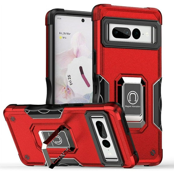 Slim Fit Phone Case for Google Pixel 7 Pro, Military Flag Magnet Adsorption Kickstand Case with Screen Camera Lens 360° Full Protection Shell for Google Pixel 7 Pro,JQ Red