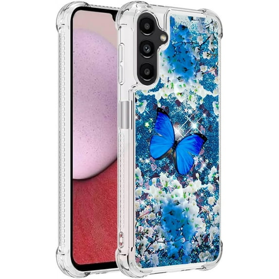 Slim Fit Phone Case for Samsung Galaxy A14,Crystal Bling Quicksand Effect TPU Bumper Case with Four Corners Anti-Drop Protection Cover for Samsung Galaxy A14 5G/4G,YBDT Blue Butterfly