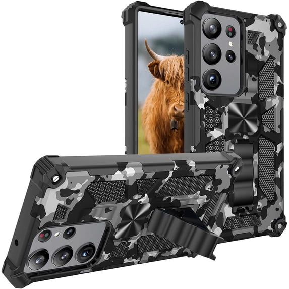 Slim Fit Phone Case for Samsung Galaxy S23 Ultra (Not fit S23),Army Camouflage Case with Military Grade Anti-Drop Protection and Built-in Kickstand Cover for Galaxy S23 Ultra,MC Black