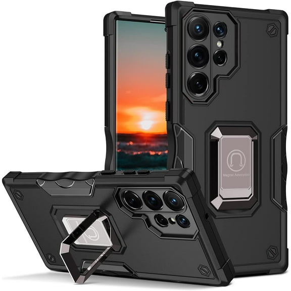 Slim Fit Phone Case for Samsung Galaxy S23 Ultra (Not fit S23), Magnet Adsorption Built-in Kickstand Case with Screen Camera Lens Protection Function for Galaxy S23 Ultra, JQ Black