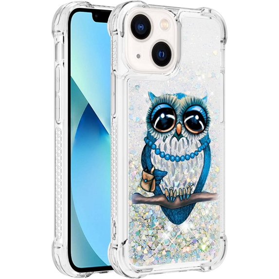 Slim Fit Phone Case for iPhone 14 Plus,Crystal Bling Quicksand Effect TPU Bumper Case with Four Corners Drop Protection Cover for iPhone 14 Plus (6.7),YBDT Owl
