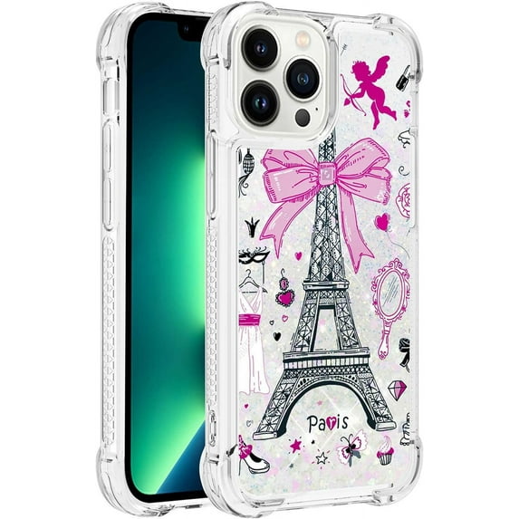 Slim Fit Phone Case for iPhone 14 Pro (Not 14 Pro Max),Crystal Bling Quicksand Effect TPU Bumper Case with Four Corners Drop Protection Cover for iPhone 14 Pro (6.1),YBDT Iron Tower