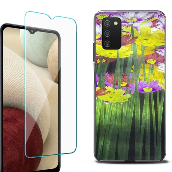 Slim-Fit Protective Fashion Phone Case (Black) for Samsung Galaxy A03s, with Tempered Glass Screen Protector, by OneToughShield ® - Dream Flower