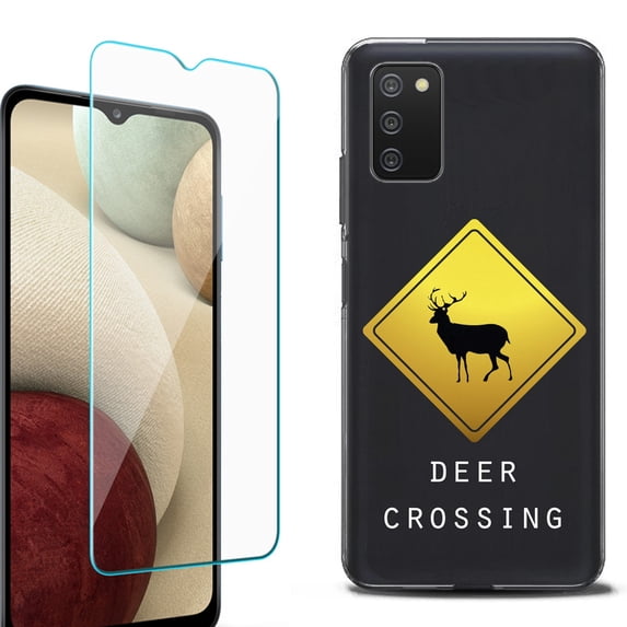 Slim-Fit Protective Fashion Phone Case (Black) for Samsung Galaxy A03s, with Tempered Glass Screen Protector, by OneToughShield ® - Road Sign Deer